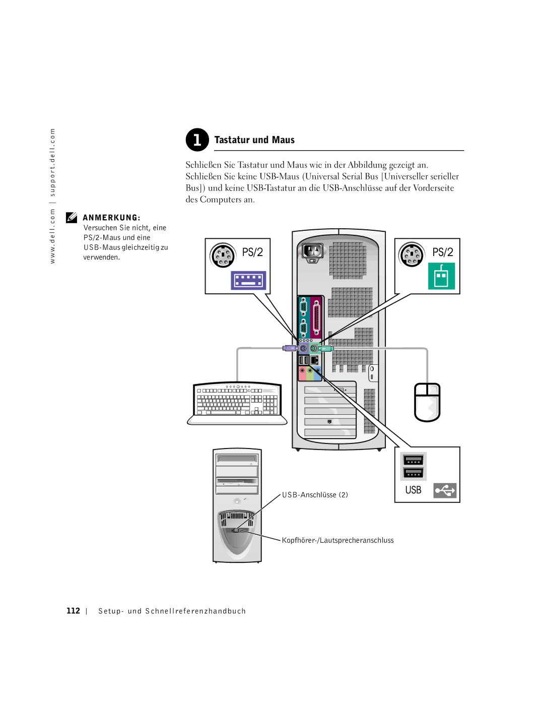 Dell 1G155 manual Tastatur und Maus, USB-Anschlüsse, Setup- und Schnellreferenzhandbuch 