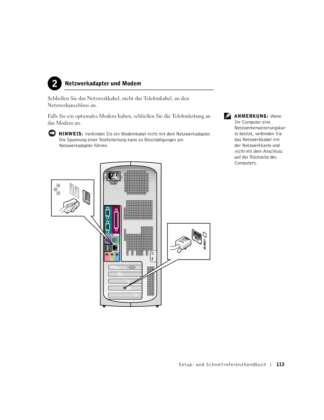 Dell 1G155 manual Netzwerkadapter und Modem, Setup- und Schnellreferenzhandbuch 113 