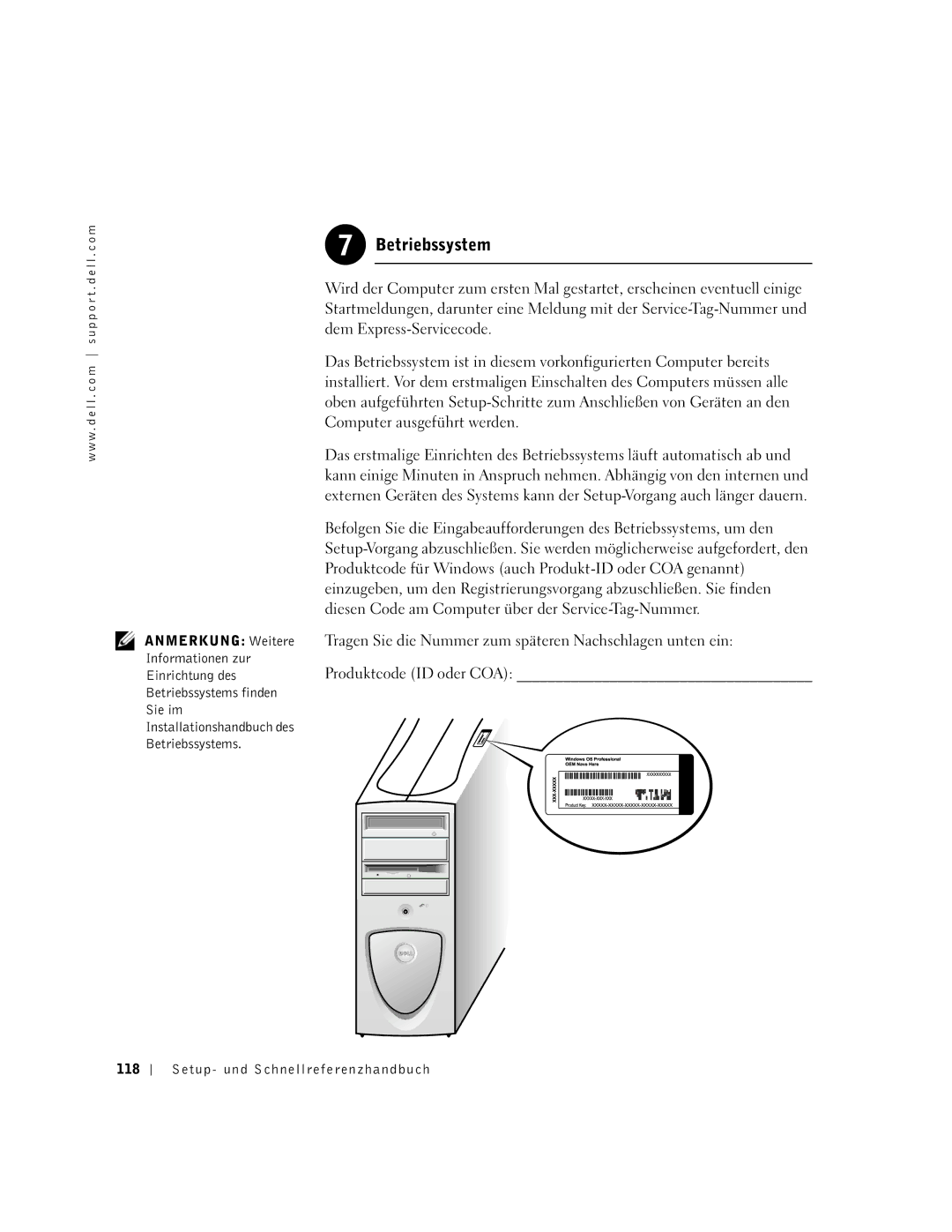 Dell 1G155 manual Betriebssystem, Setup- und Schnellreferenzhandbuch 