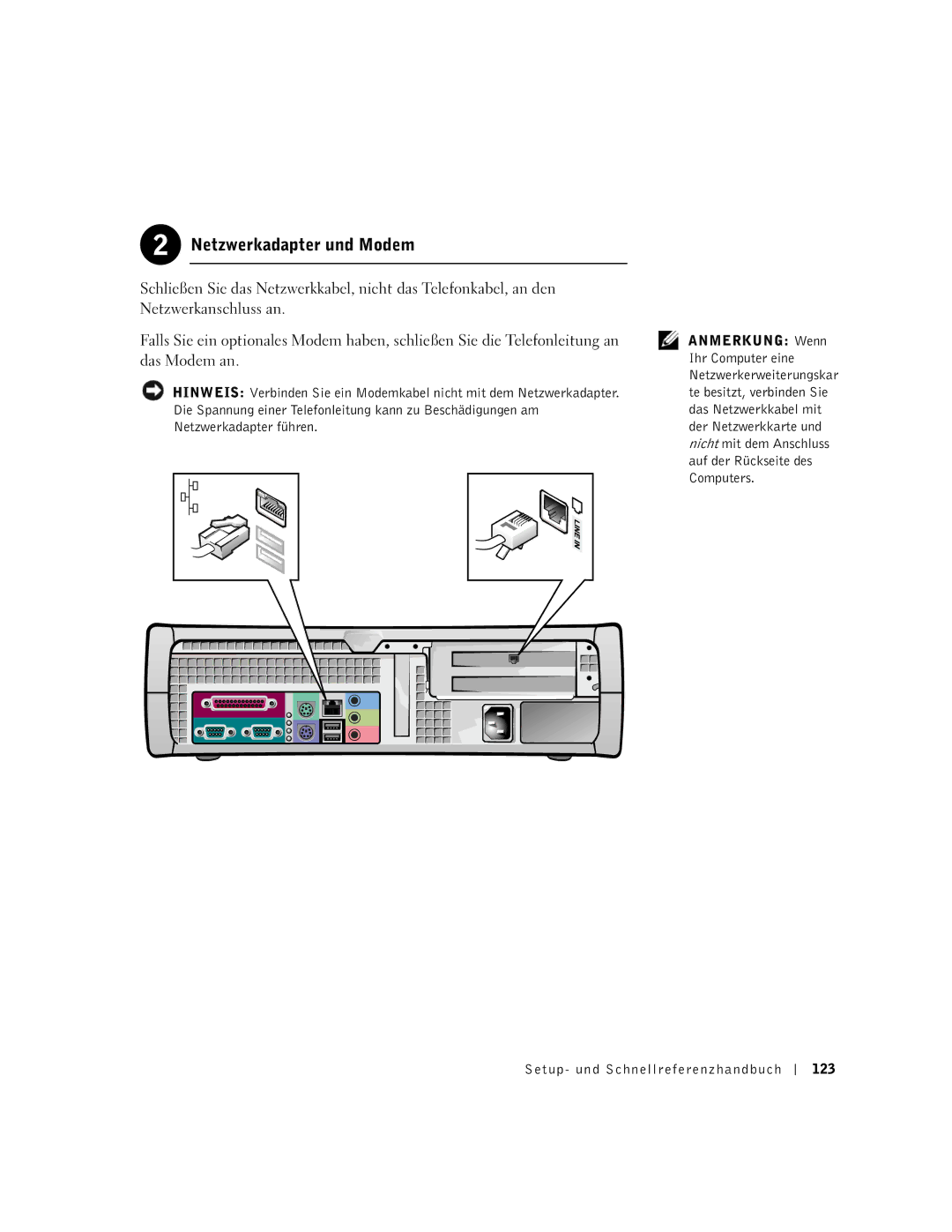 Dell 1G155 manual Netzwerkadapter und Modem, Setup- und Schnellreferenzhandbuch 123 
