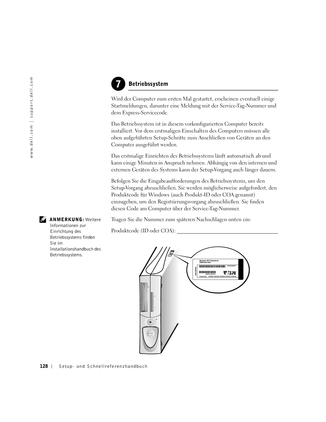 Dell 1G155 manual Betriebssystem, Setup- und Schnellreferenzhandbuch 