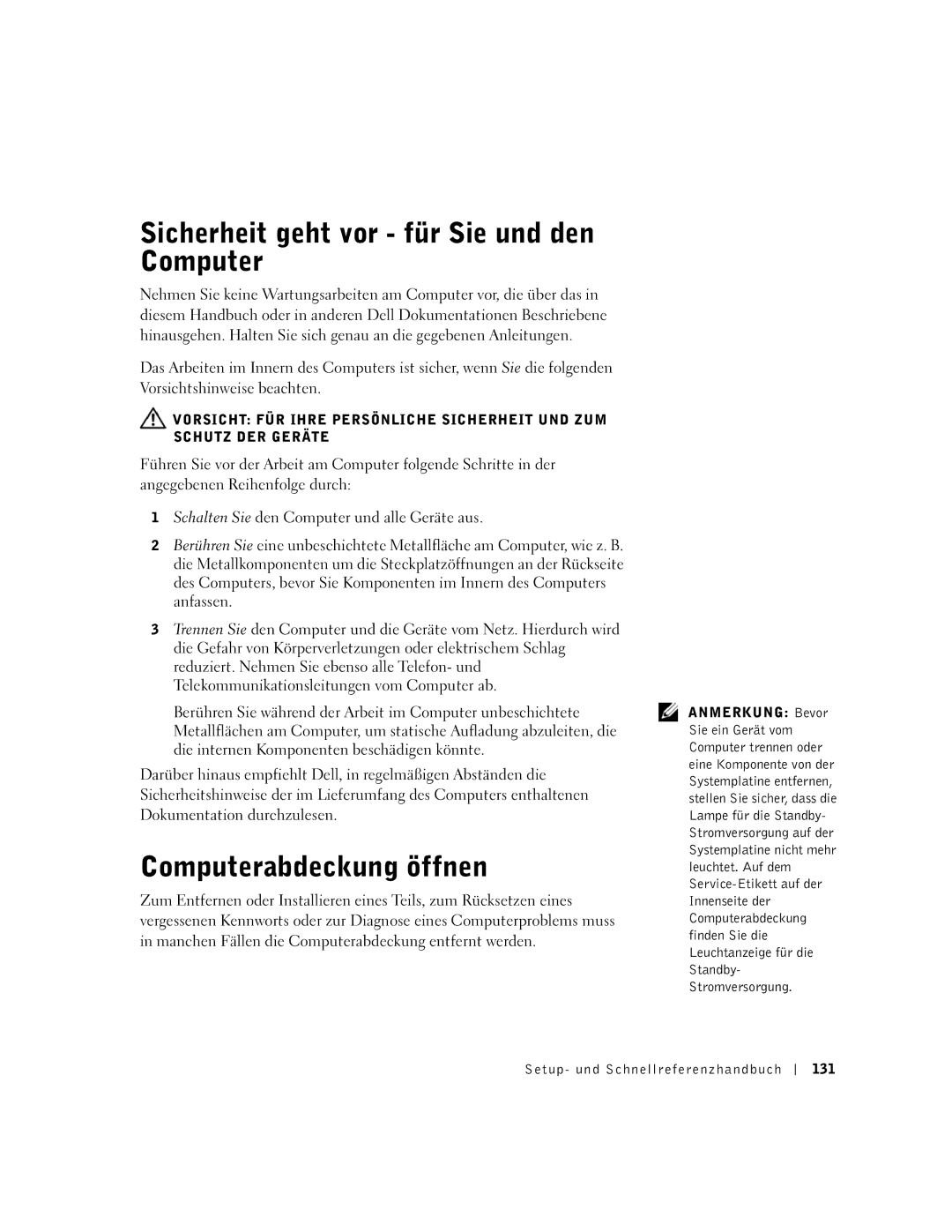 Dell 1G155 Sicherheit geht vor für Sie und den Computer, Computerabdeckung öffnen, Setup- und Schnellreferenzhandbuch 131 