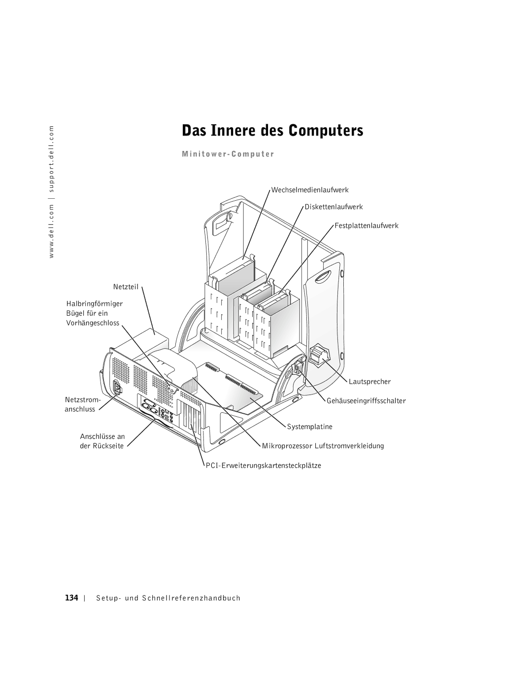 Dell 1G155 manual Das Innere des Computers, Netzteil Halbringförmiger Bügel für ein Vorhängeschloss 