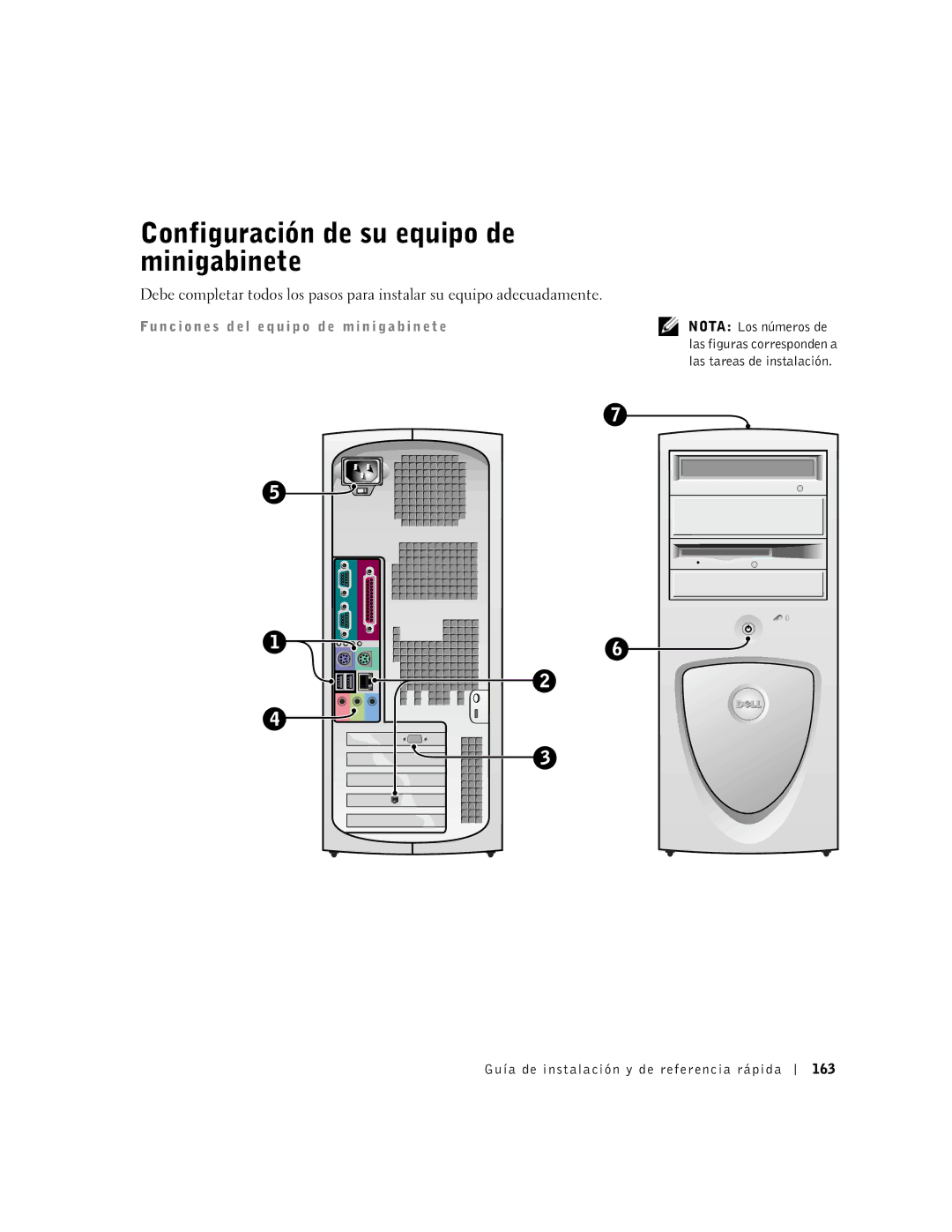 Dell 1G155 manual Configuración de su equipo de minigabinete, Guía de instalación y de referencia rápida 163 