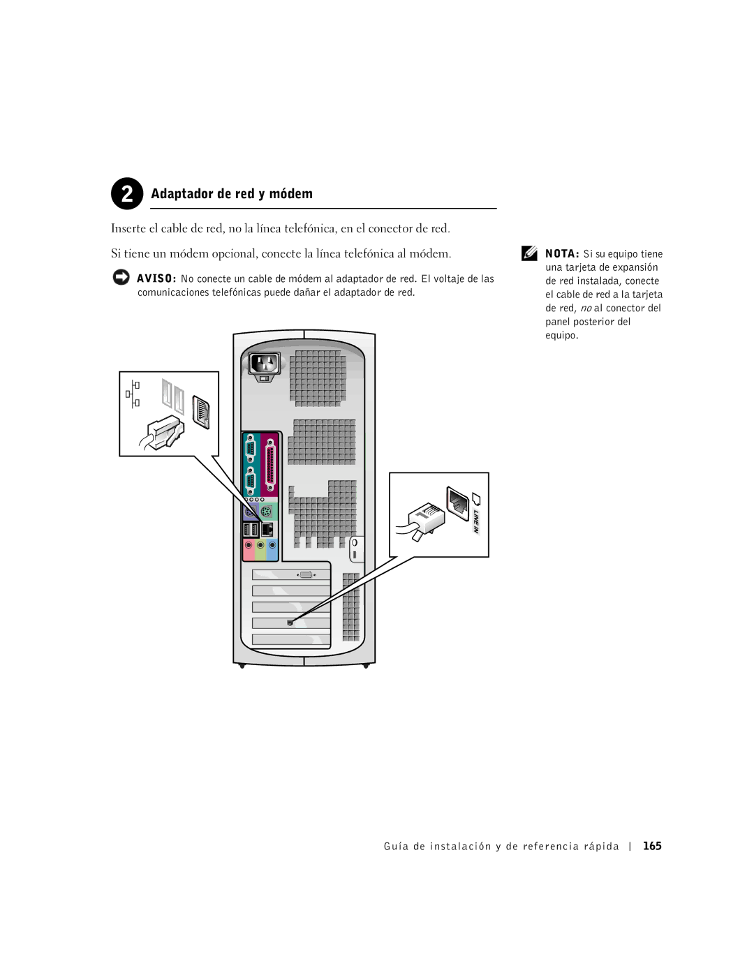 Dell 1G155 manual Adaptador de red y módem, Guía de instalación y de referencia rápida 165 