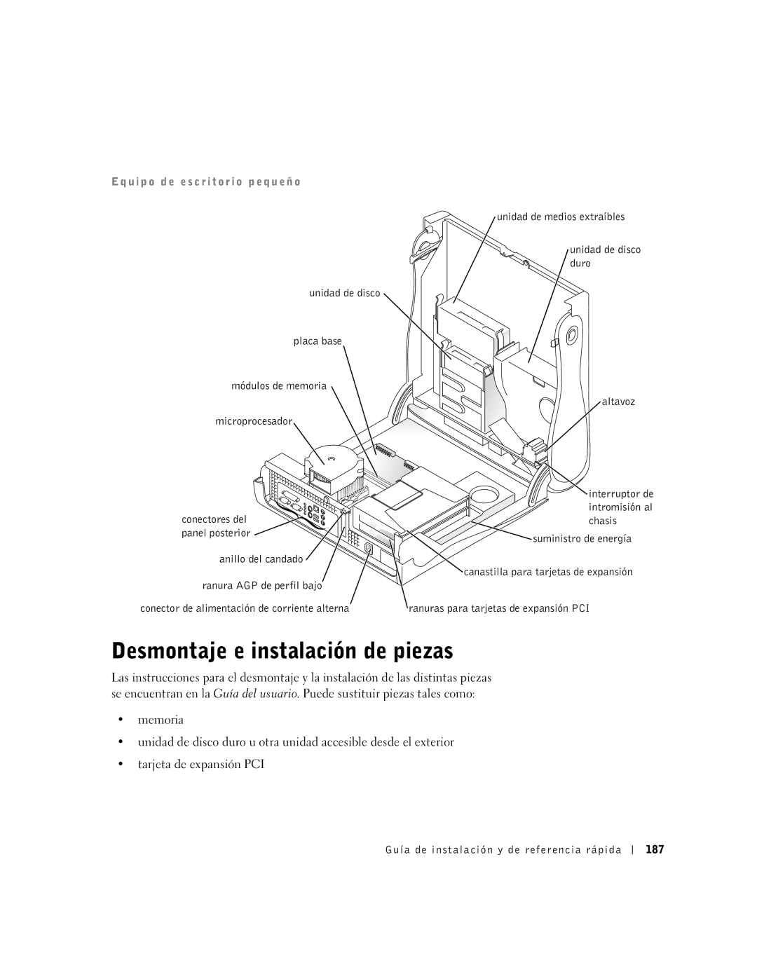 Dell 1G155 manual Desmontaje e instalación de piezas, Anillo del candado, Guía de instalación y de referencia rápida 187 