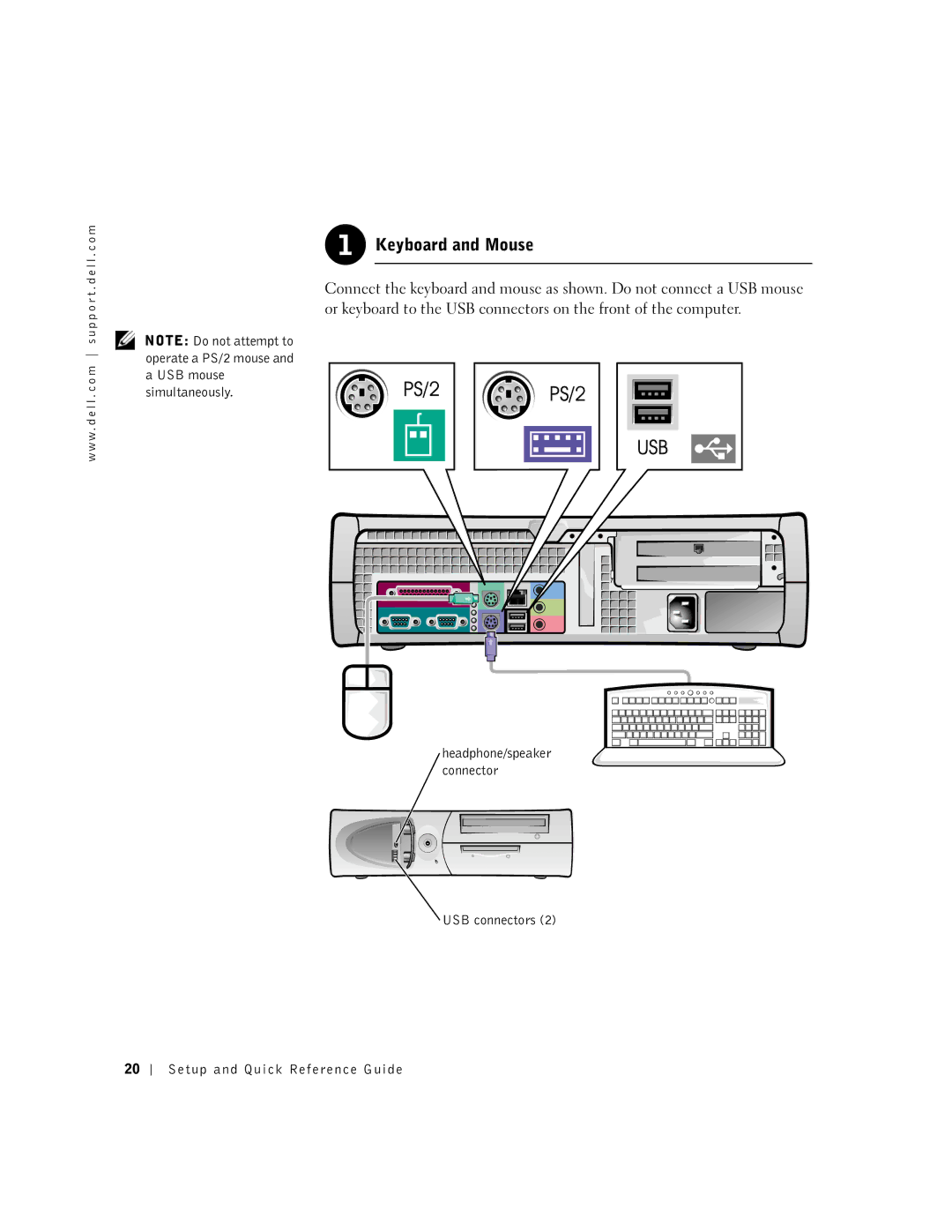 Dell 1G155 manual Keyboard and Mouse, USB connectors Setup and Quick Reference Guide 