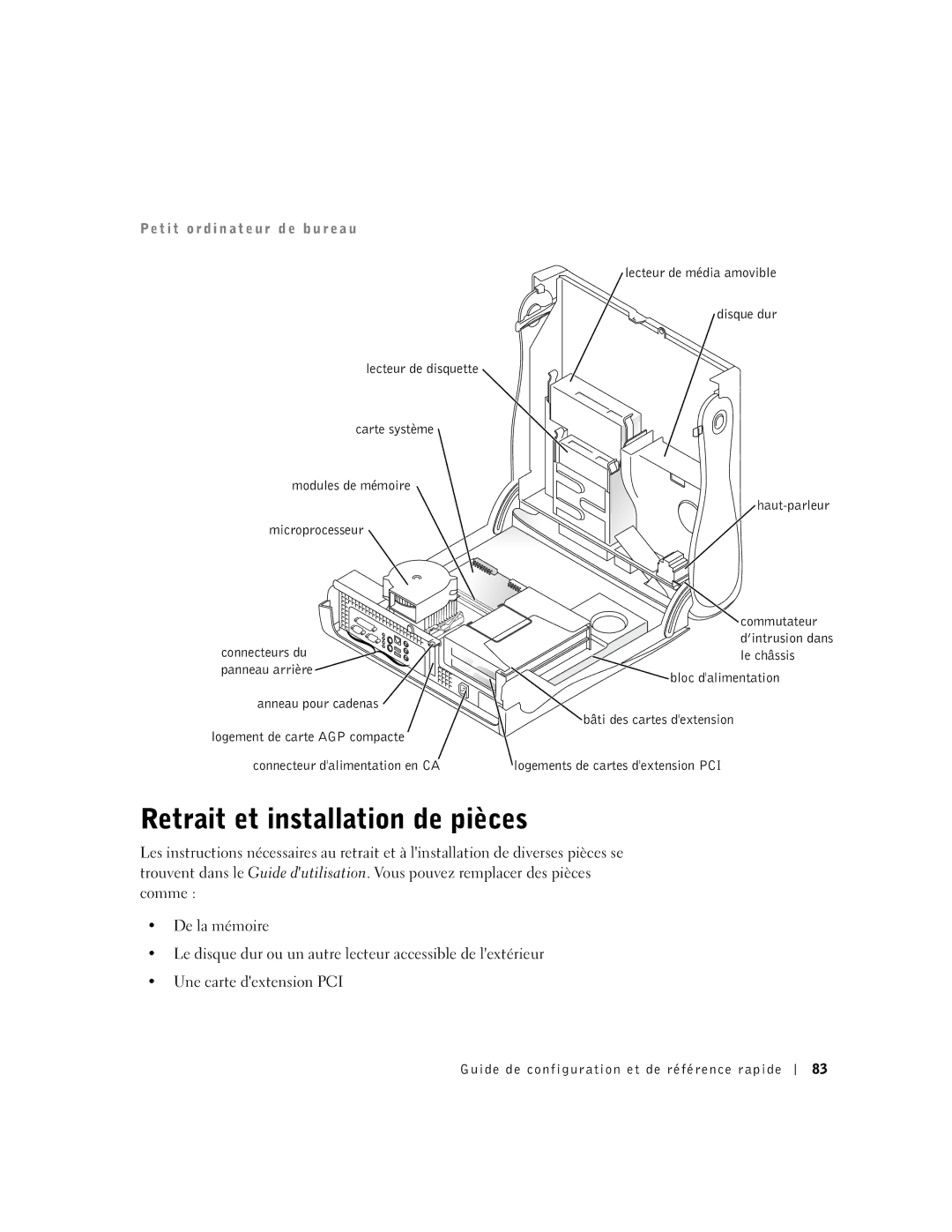 Dell 1G155 manual Retrait et installation de pièces, Anneau pour cadenas, Lecteur de média amovible Disque dur Haut-parleur 