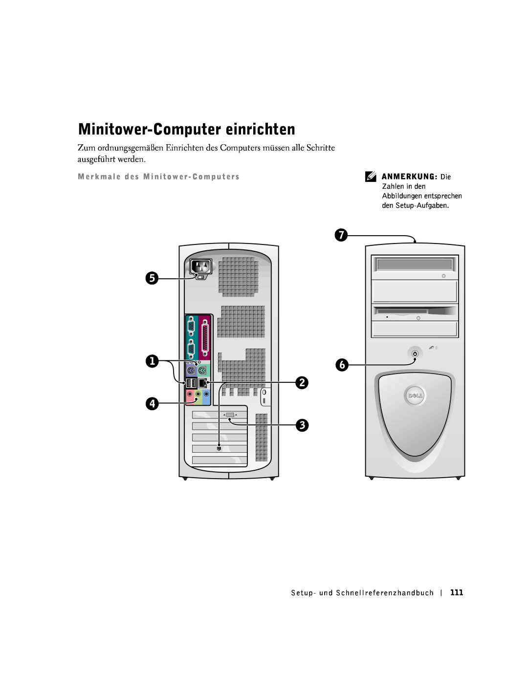 Dell 1G155 manual Minitower-Computer einrichten, M e r k m a l e d e s M i n i t o w e r - C o m p u t e r s 
