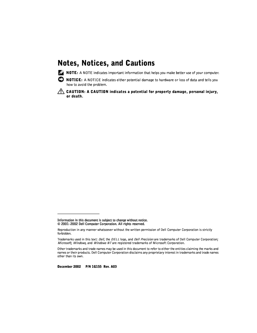 Dell 1G155 manual Notes, Notices, and Cautions 