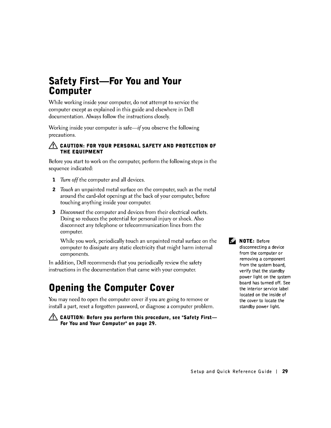 Dell 1G155 manual Safety First-For You and Your Computer, Opening the Computer Cover 