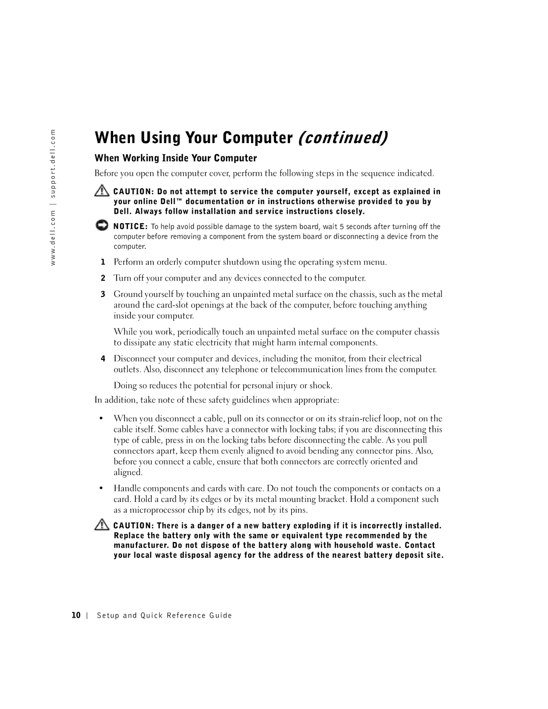 Dell 1U919 manual When Working Inside Your Computer 