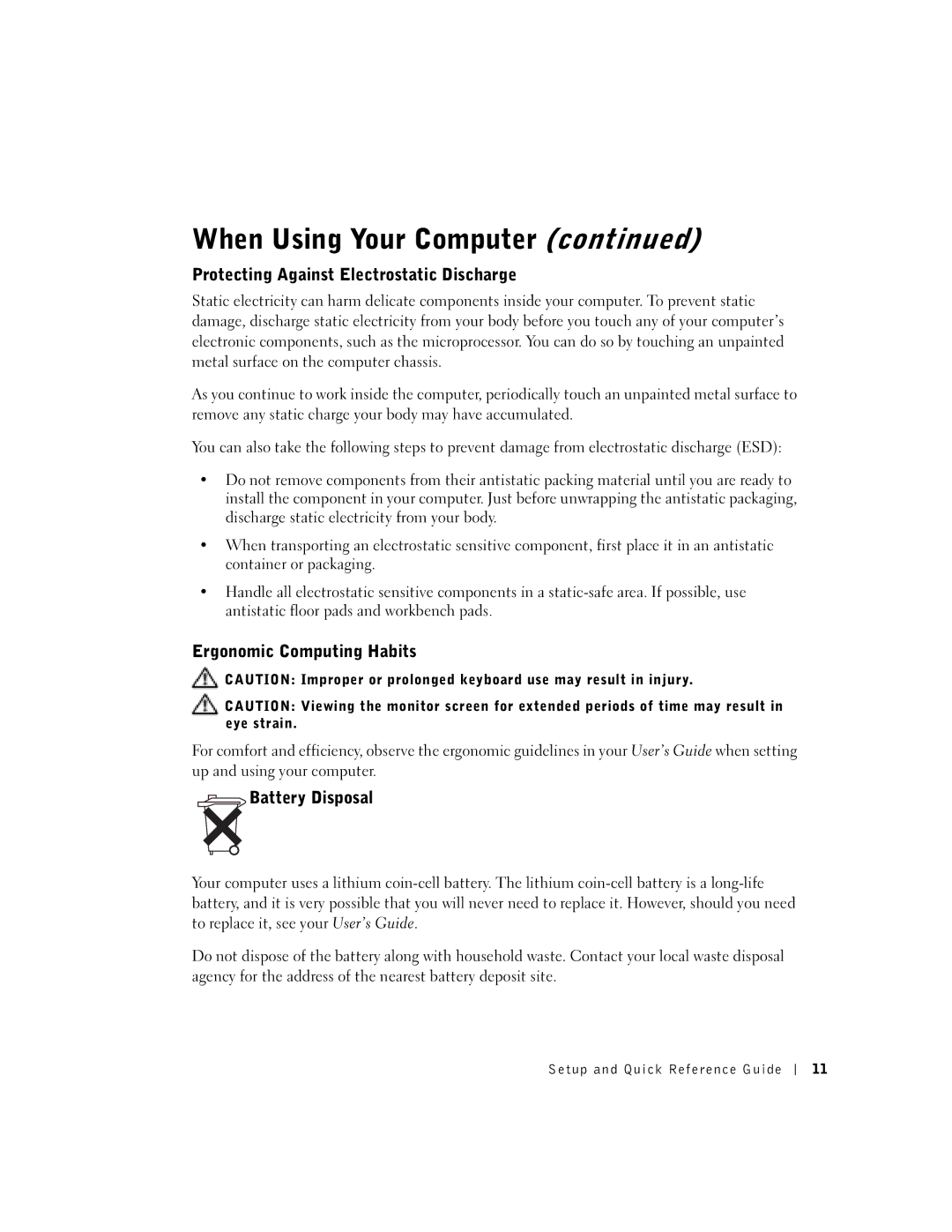 Dell 1U919 manual Protecting Against Electrostatic Discharge, Ergonomic Computing Habits, Battery Disposal 