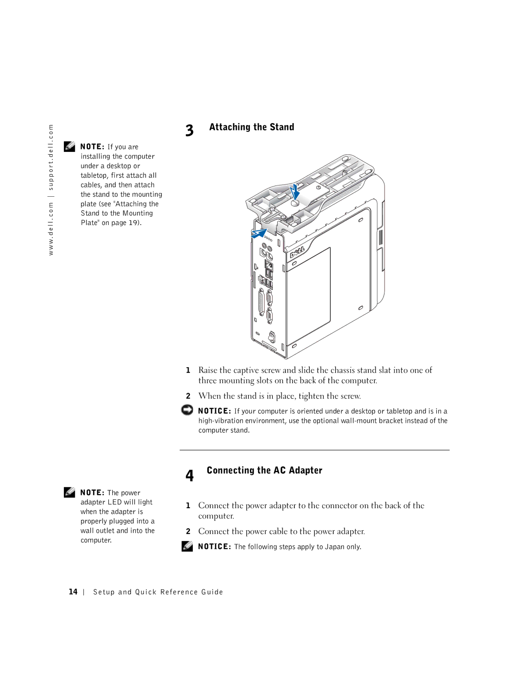 Dell 1U919 manual Attaching the Stand, Connecting the AC Adapter 