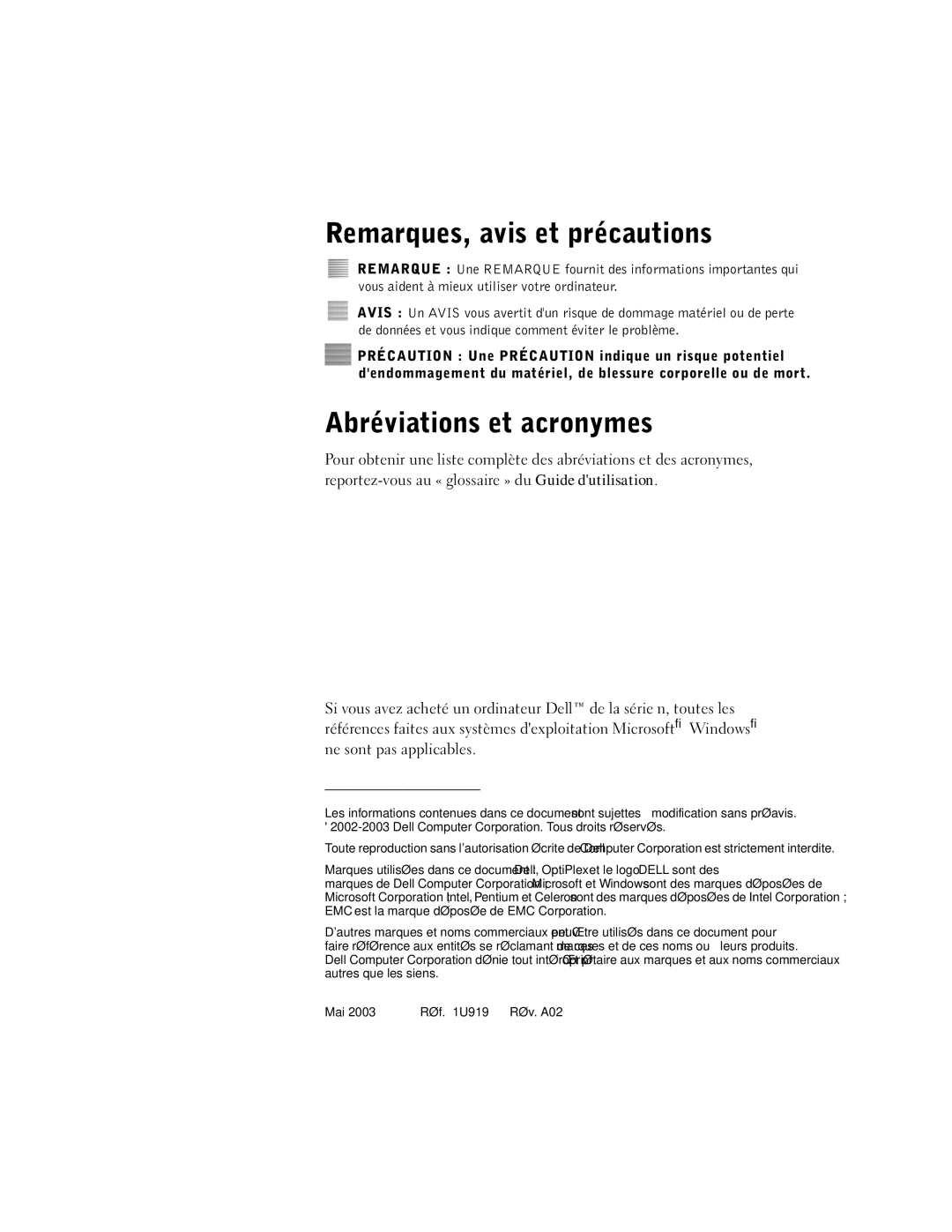 Dell 1U919 manual Remarques, avis et précautions, Abréviations et acronymes 