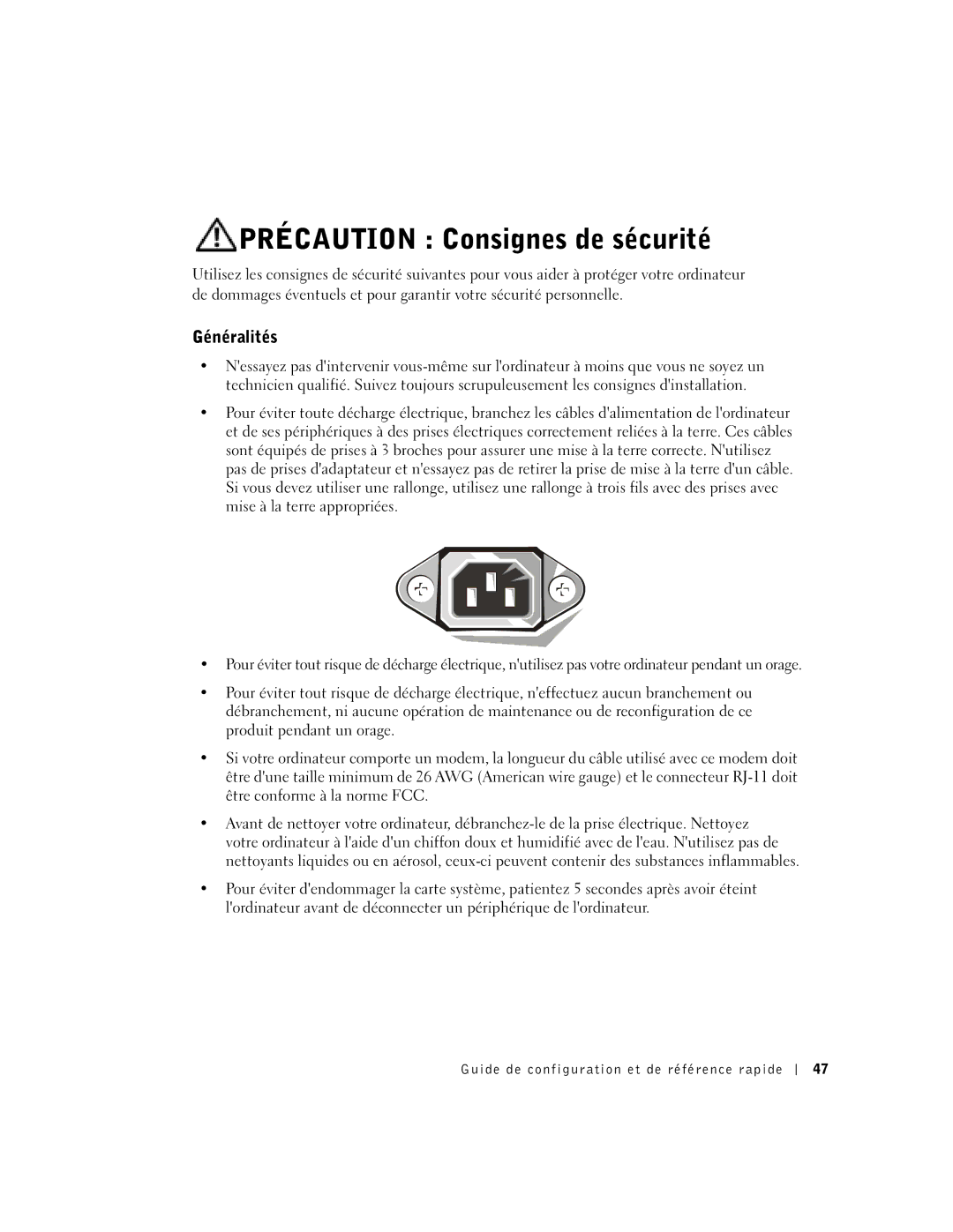 Dell 1U919 manual Précaution Consignes de sécurité, Généralités 