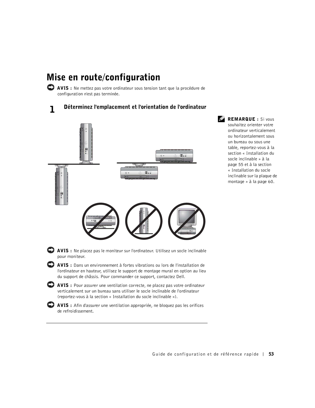 Dell 1U919 manual Mise en route/configuration, Déterminez lemplacement et lorientation de lordinateur 