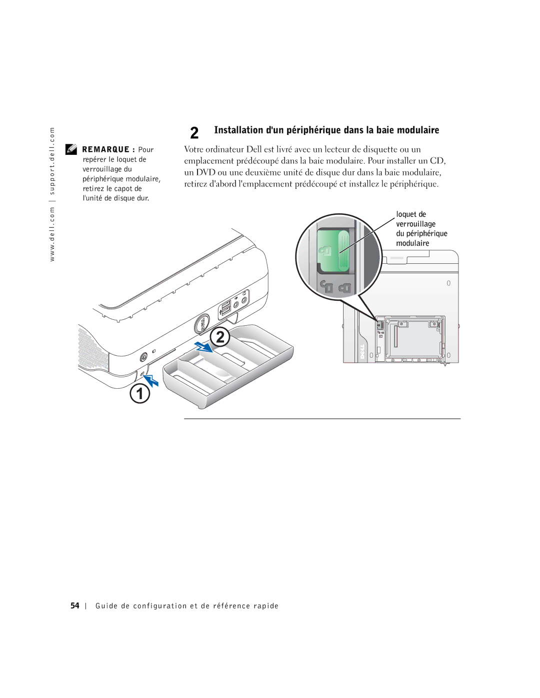 Dell 1U919 manual Installation dun périphérique dans la baie modulaire 