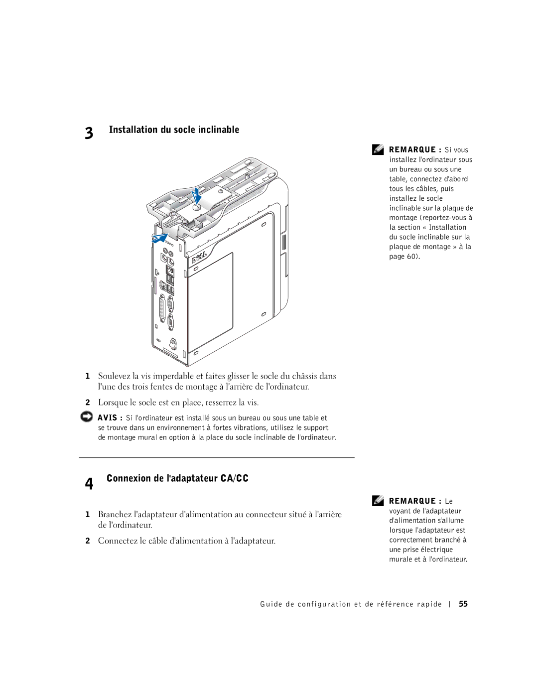 Dell 1U919 manual Installation du socle inclinable, Connexion de ladaptateur CA/CC 