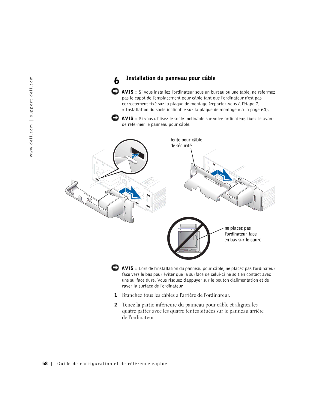 Dell 1U919 manual Installation du panneau pour câble 