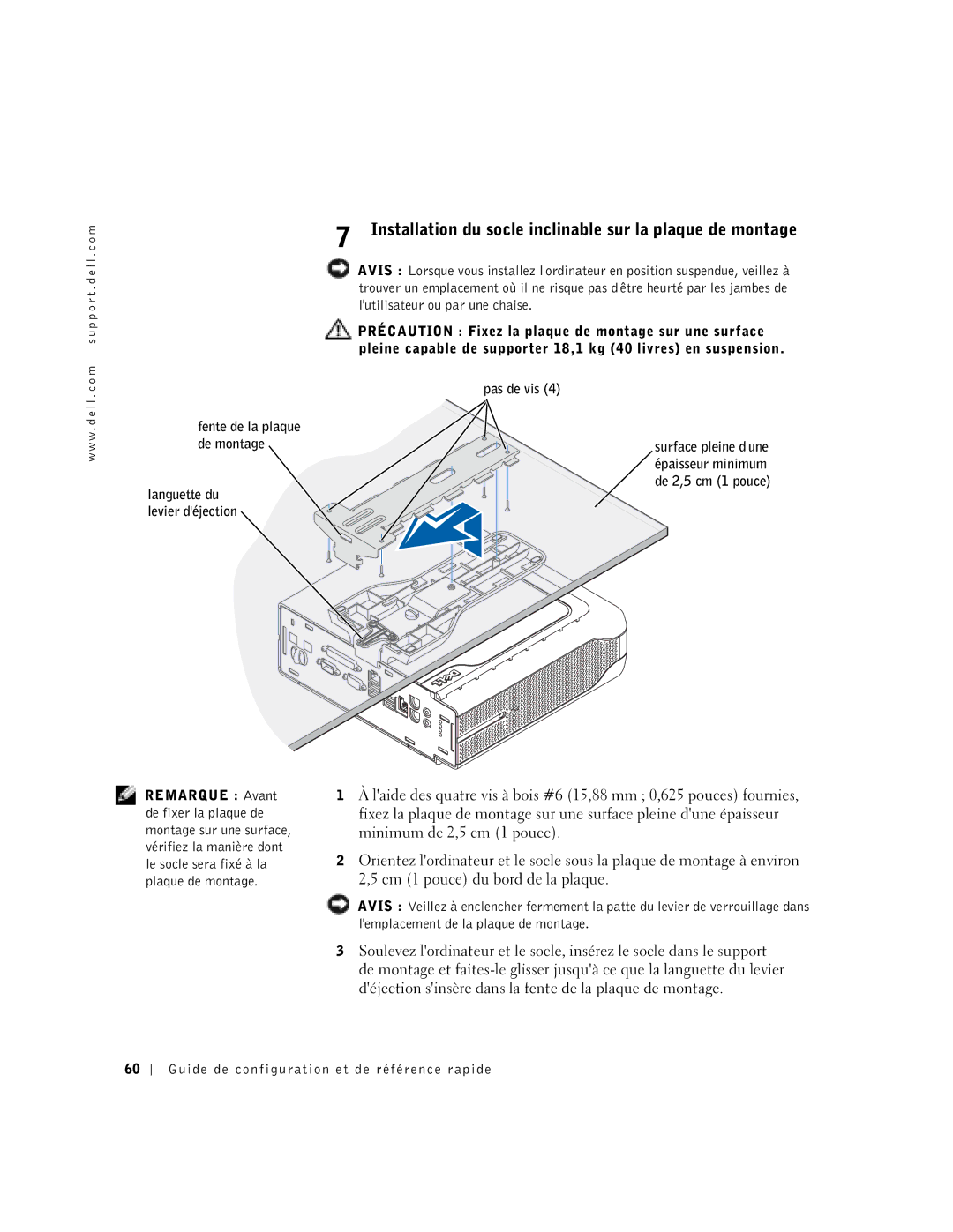 Dell 1U919 manual Installation du socle inclinable sur la plaque de montage 