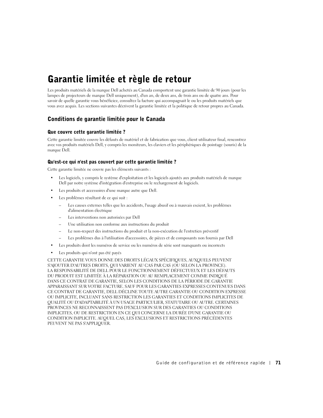 Dell 1U919 manual Garantie limitée et règle de retour, Conditions de garantie limitée pour le Canada 