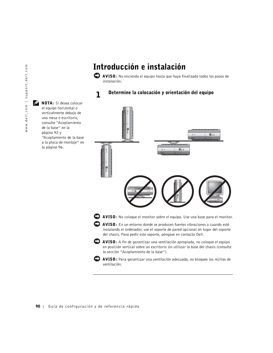 Dell 1U919 manual Introducción e instalación, Determine la colocación y orientación del equipo 