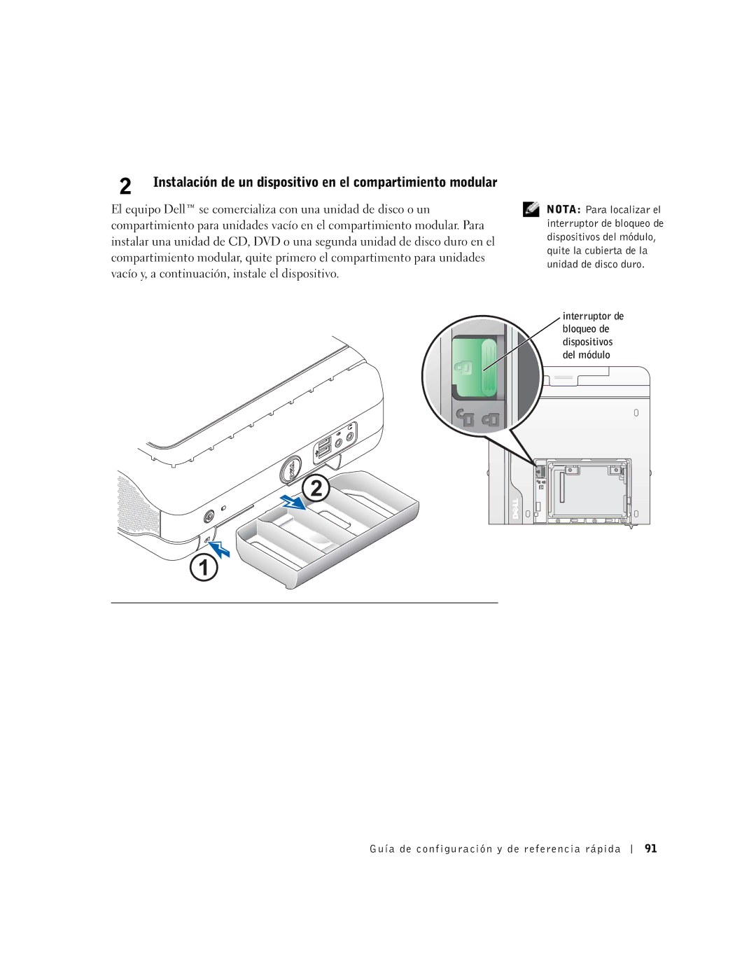 Dell 1U919 manual Instalación de un dispositivo en el compartimiento modular 