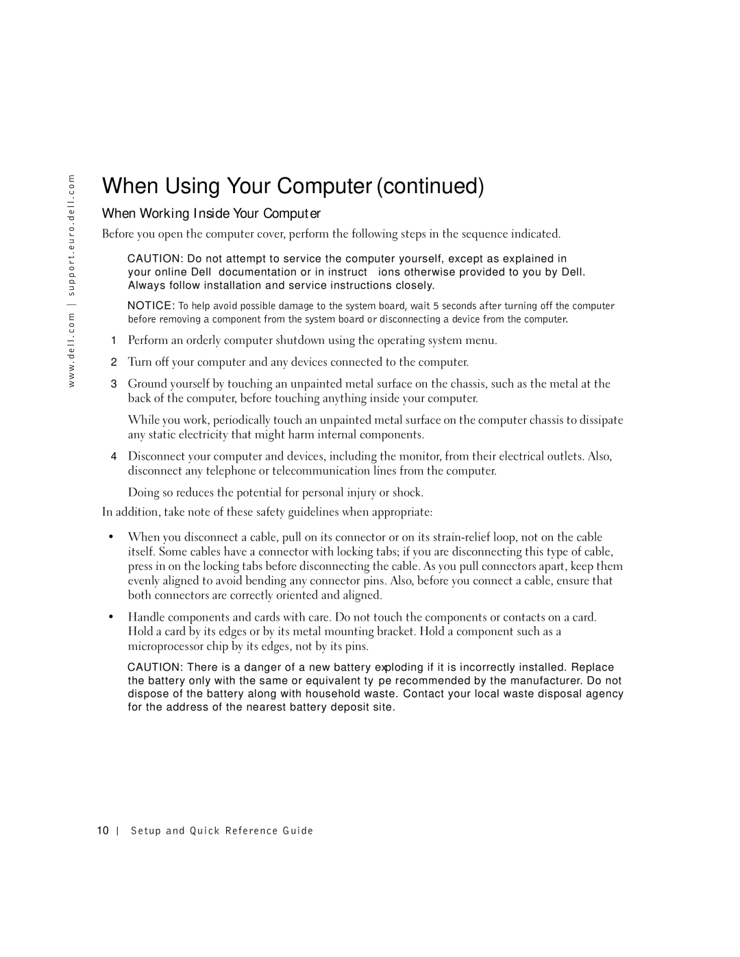 Dell 1U920 manual When Working Inside Your Computer 