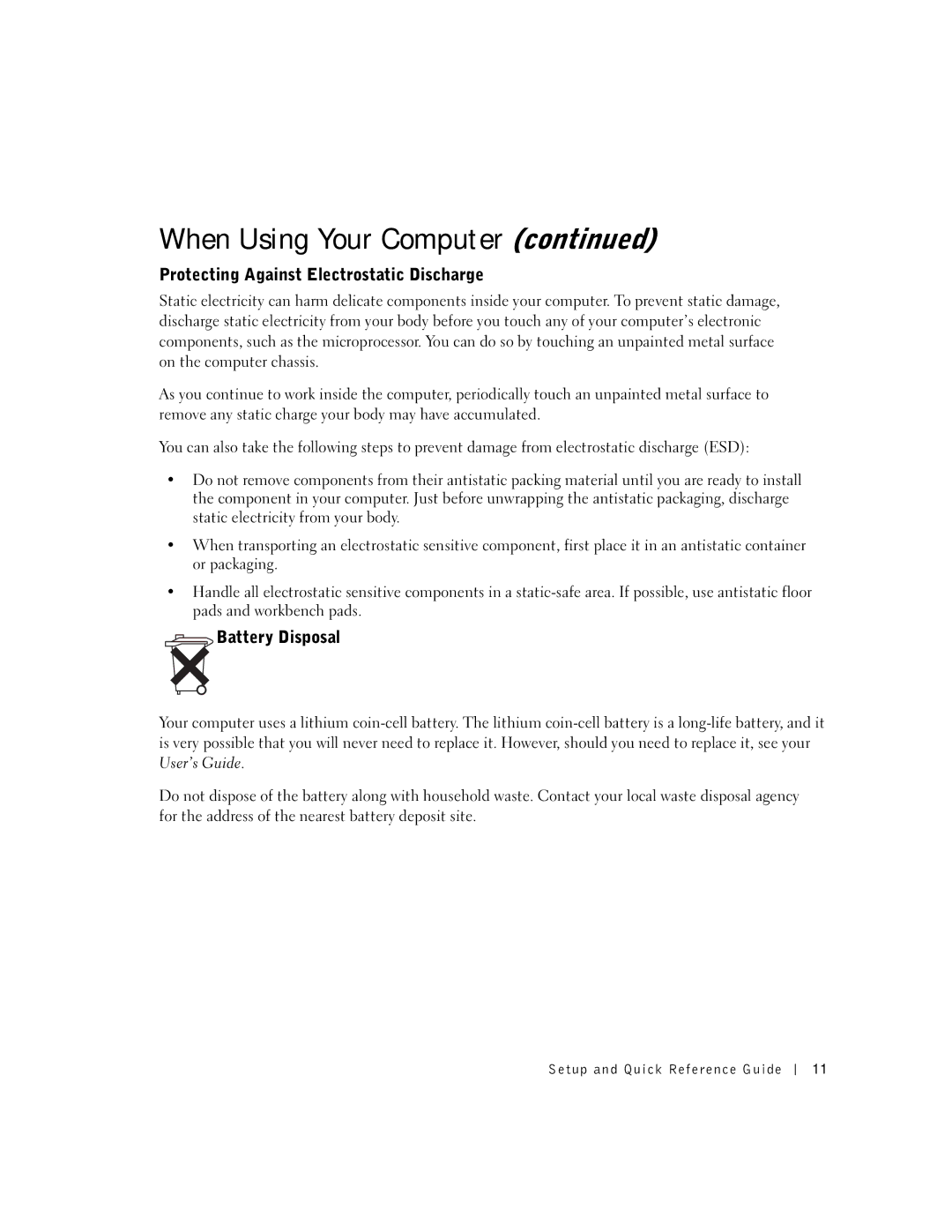 Dell 1U920 manual Protecting Against Electrostatic Discharge, Battery Disposal 