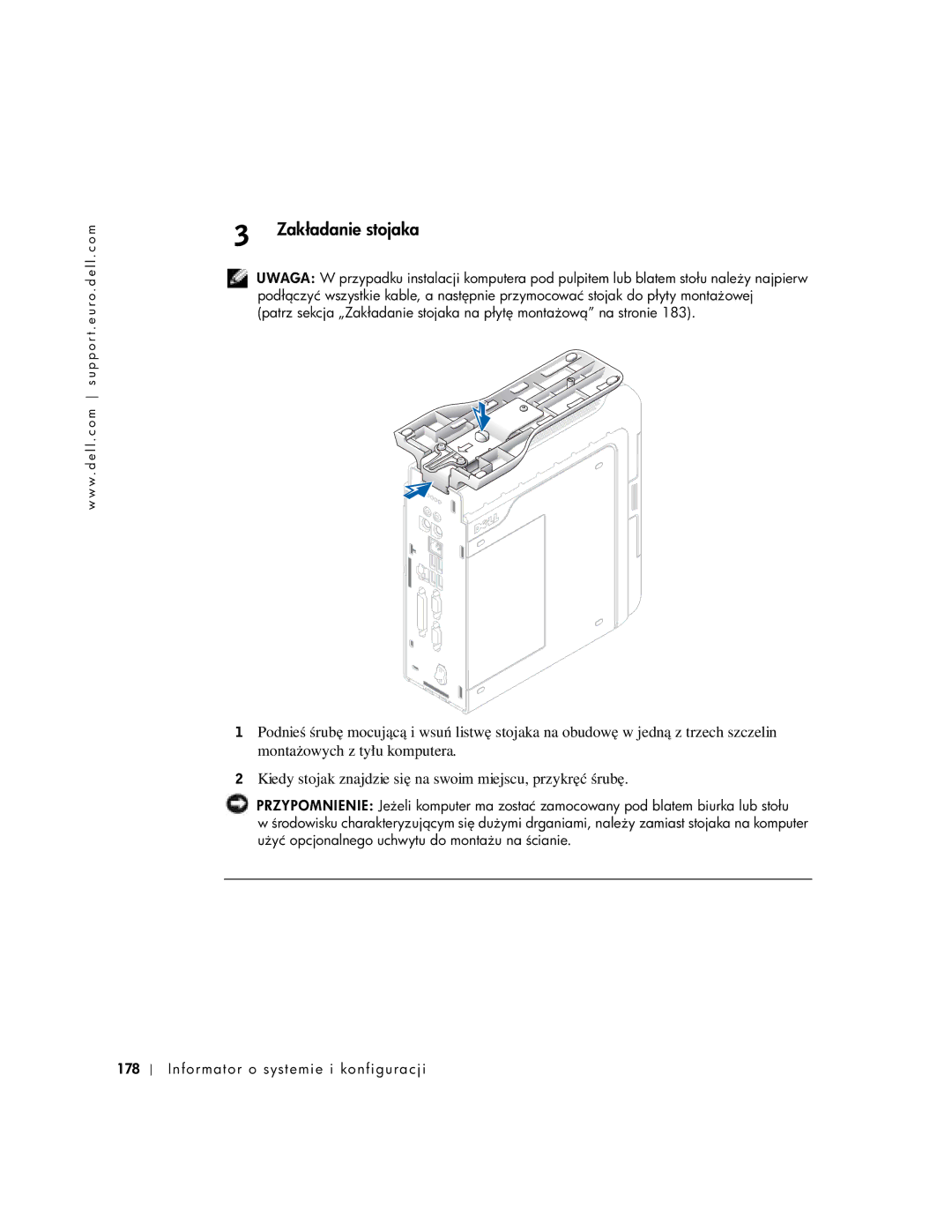 Dell 1U920 manual Zakładanie stojaka 