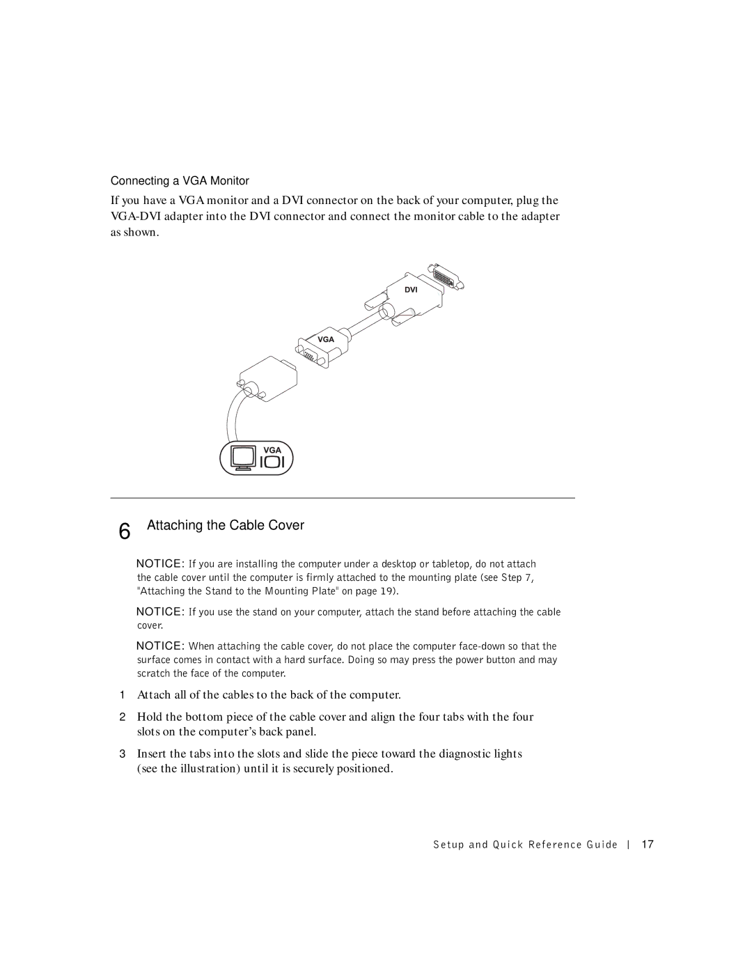 Dell 1U920 manual Attaching the Cable Cover, Connecting a VGA Monitor 