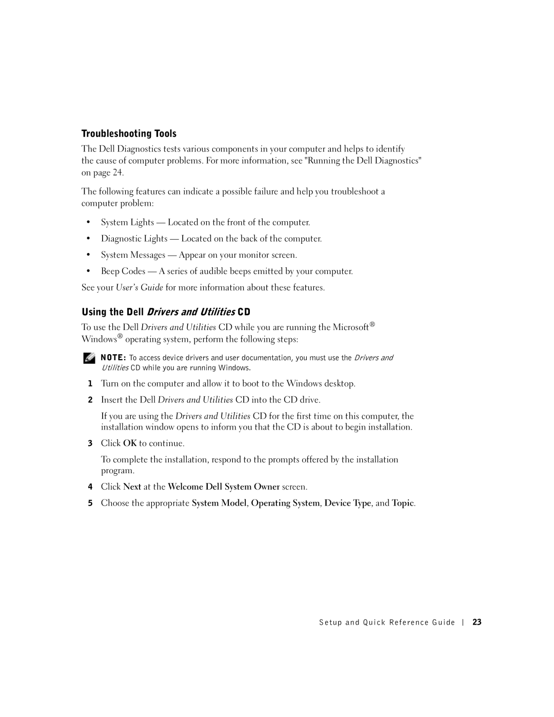 Dell 1U920 manual Troubleshooting Tools, Using the Dell Drivers and Utilities CD 