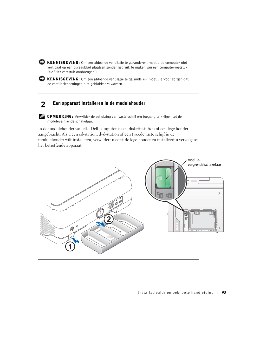 Dell 1U920 manual Een apparaat installeren in de modulehouder 