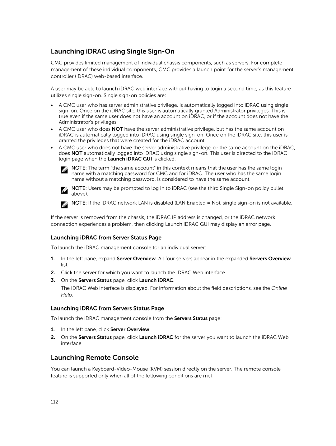 Dell 2 manual Launching iDRAC using Single Sign-On, Launching Remote Console, Launching iDRAC from Server Status 