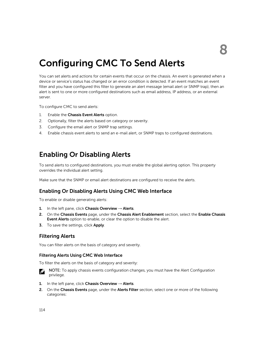 Dell 2 manual Configuring CMC To Send Alerts, Enabling Or Disabling Alerts Using CMC Web Interface, Filtering Alerts 