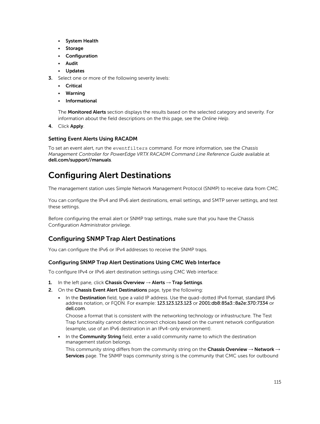 Dell 2 manual Configuring Alert Destinations, Configuring Snmp Trap Alert Destinations, Setting Event Alerts Using Racadm 