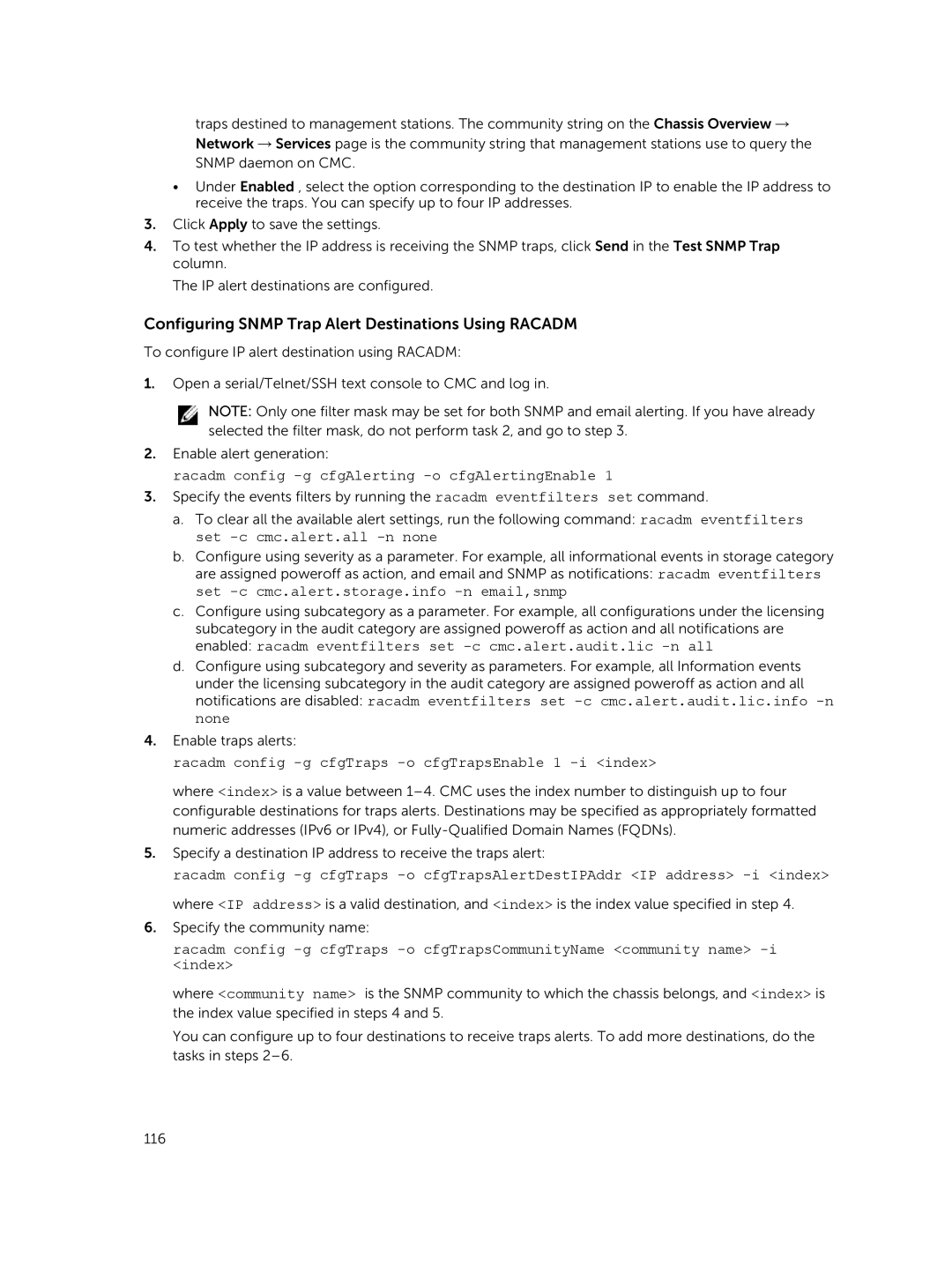 Dell 2 manual Configuring Snmp Trap Alert Destinations Using Racadm, Racadm config -g cfgAlerting -o cfgAlertingEnable 