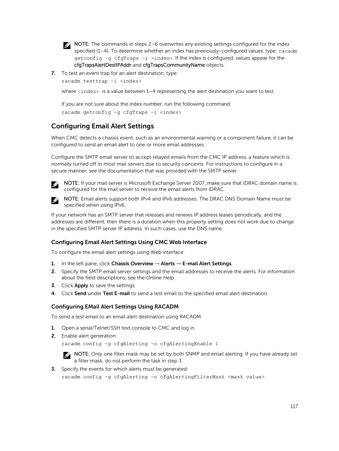 Dell 2 manual Configuring Email Alert Settings Using CMC Web Interface, Configuring EMail Alert Settings Using Racadm 