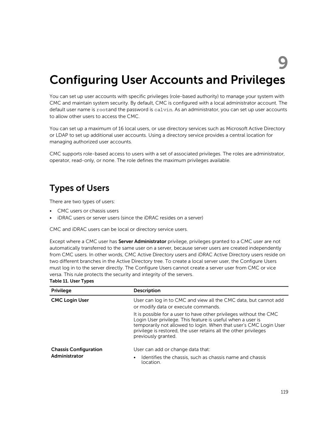 Dell 2 manual Configuring User Accounts and Privileges, Types of Users 