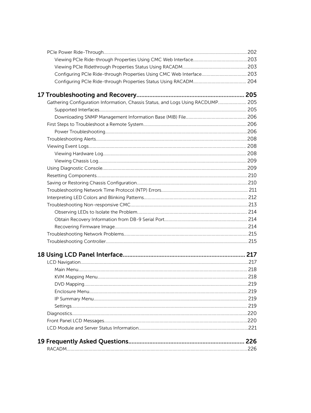 Dell manual Troubleshooting and Recovery 205, Using LCD Panel Interface 217, Frequently Asked Questions 226 