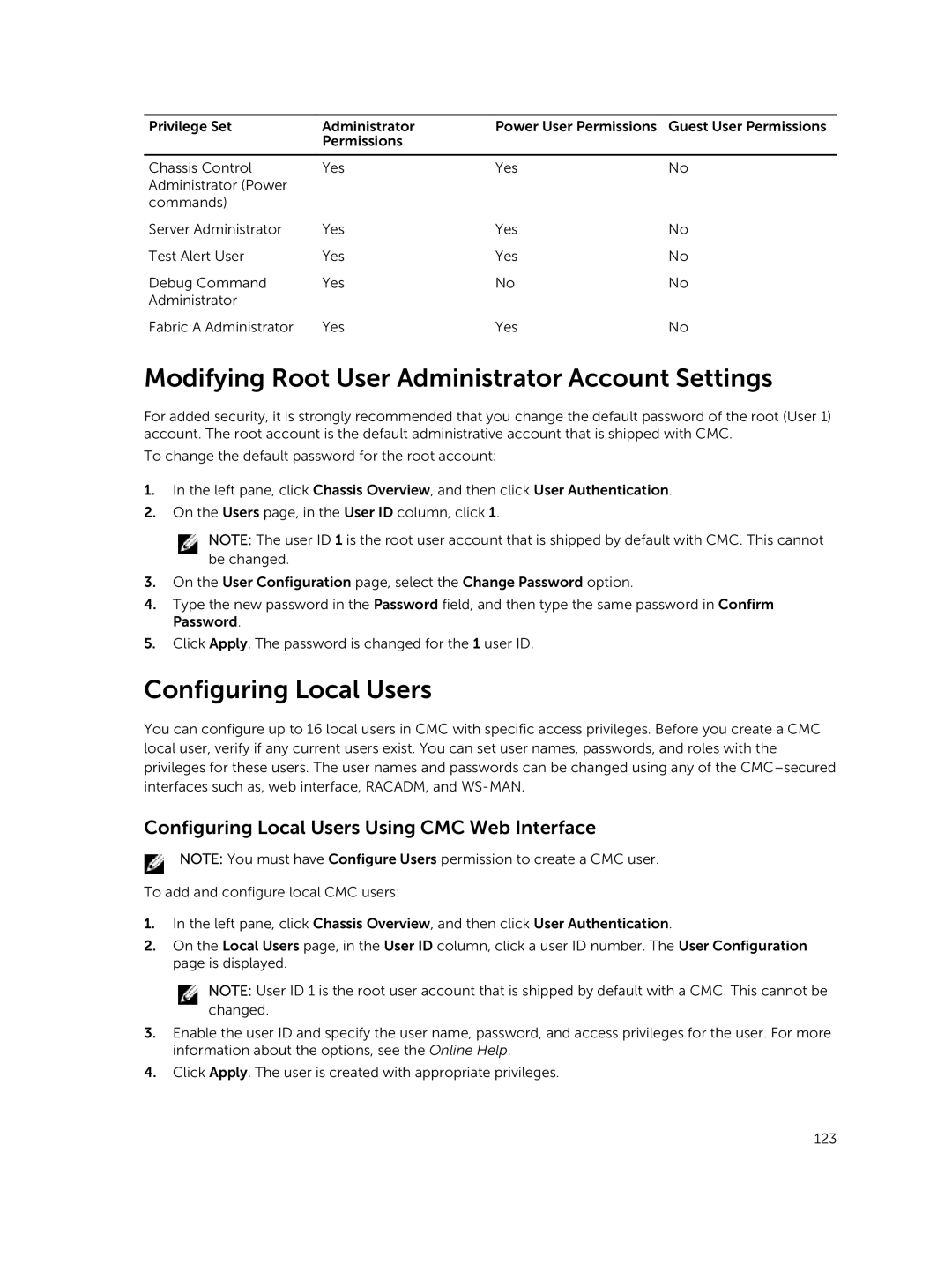 Dell 2 manual Modifying Root User Administrator Account Settings, Configuring Local Users 