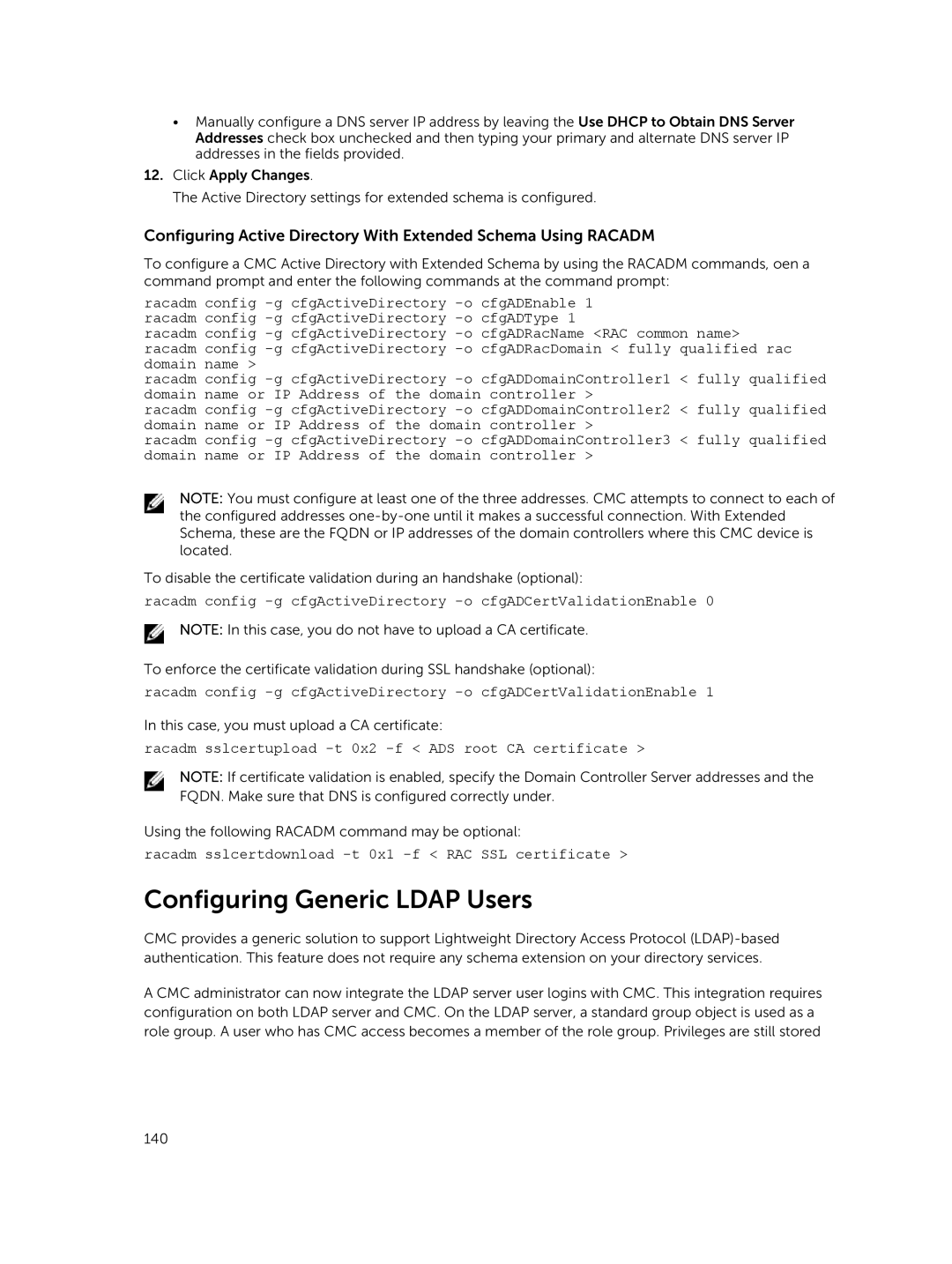 Dell 2 manual Configuring Generic Ldap Users, Racadm sslcertdownload -t 0x1 -f RAC SSL certificate 