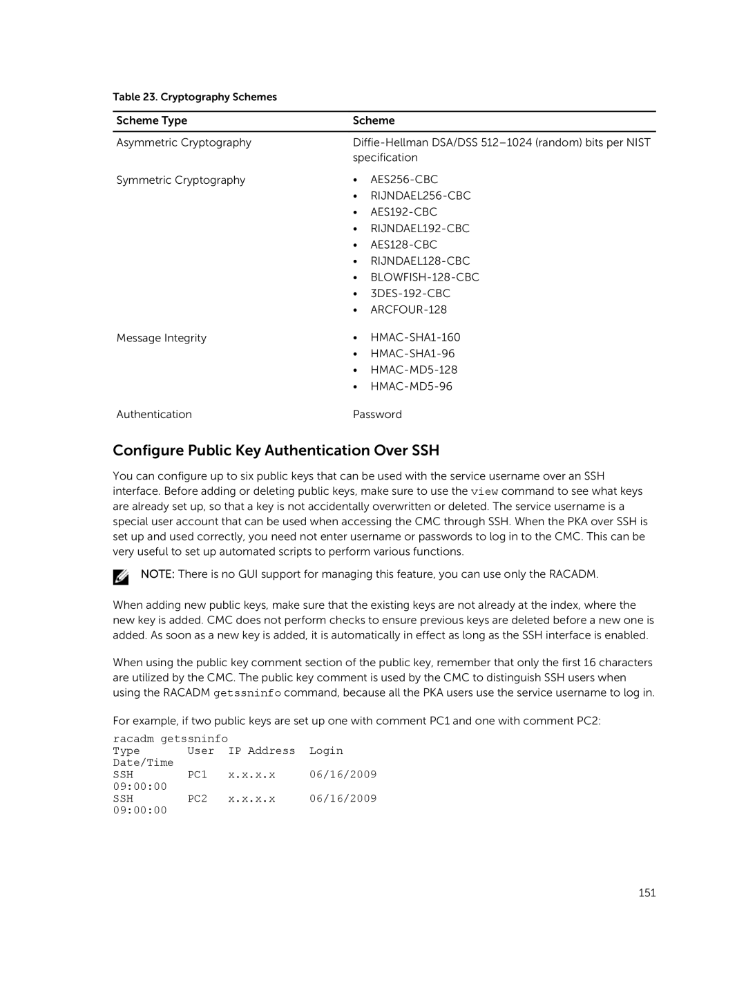 Dell 2 manual Configure Public Key Authentication Over SSH, Racadm getssninfo IP Address Login Type User Date/Time, 090000 