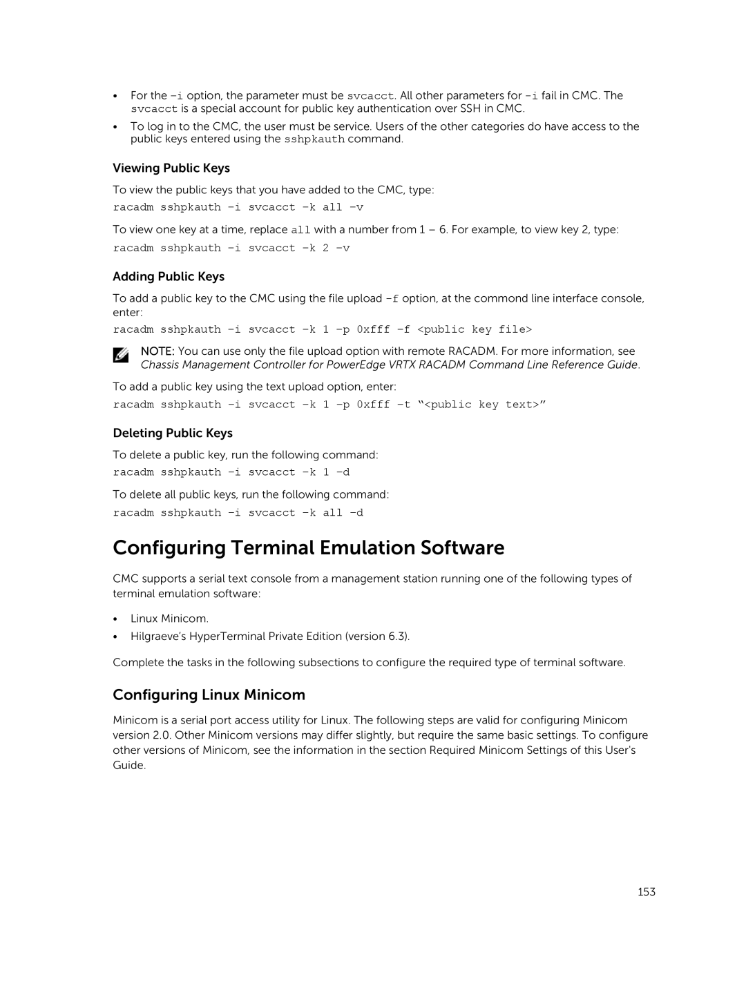 Dell 2 manual Configuring Terminal Emulation Software, Configuring Linux Minicom, Viewing Public Keys, Adding Public Keys 