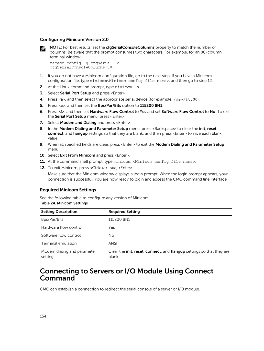 Dell 2 Connecting to Servers or I/O Module Using Connect Command, Configuring Minicom Version, Required Minicom Settings 