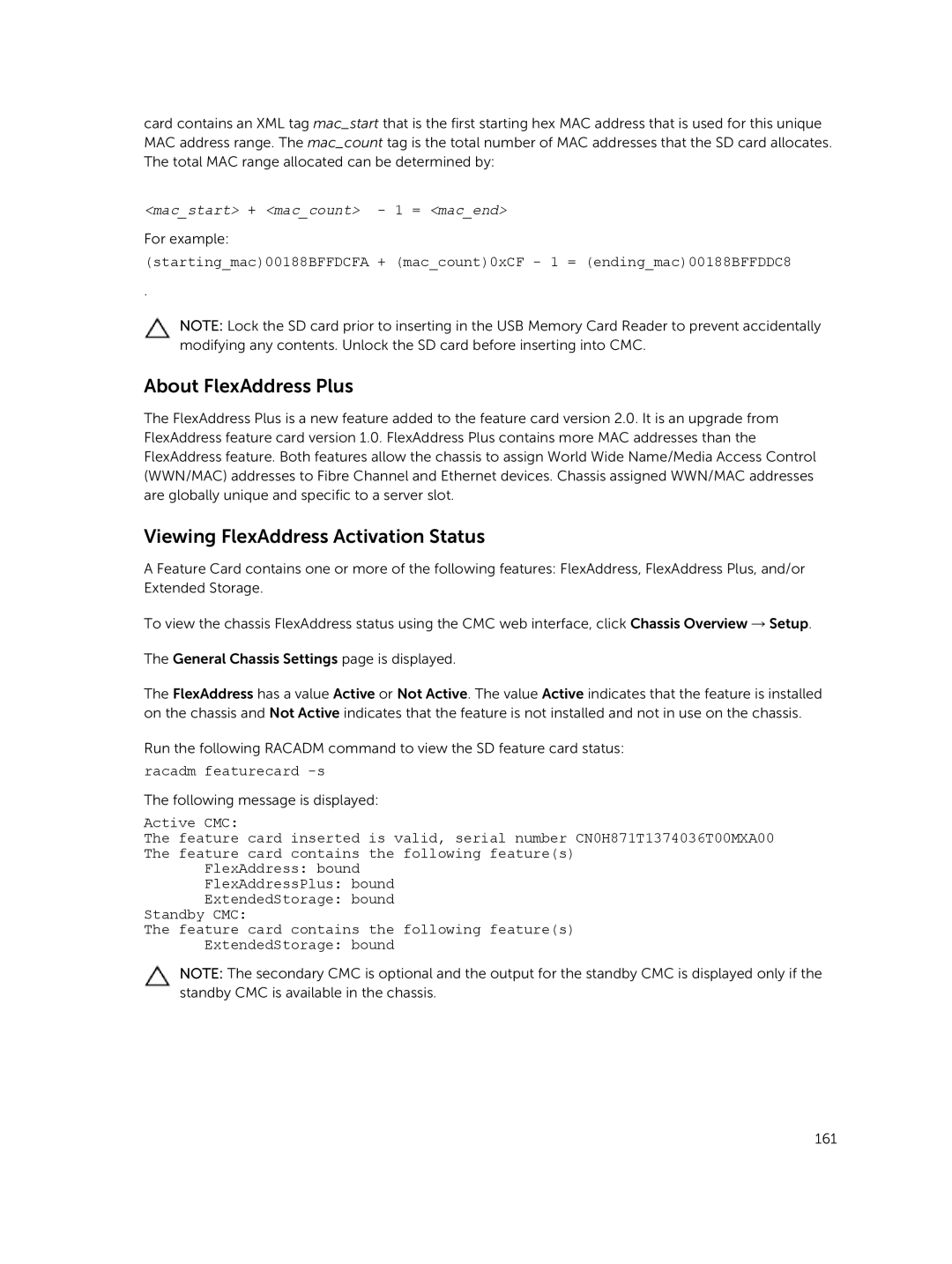 Dell 2 manual About FlexAddress Plus, Viewing FlexAddress Activation Status, Racadm featurecard -s 