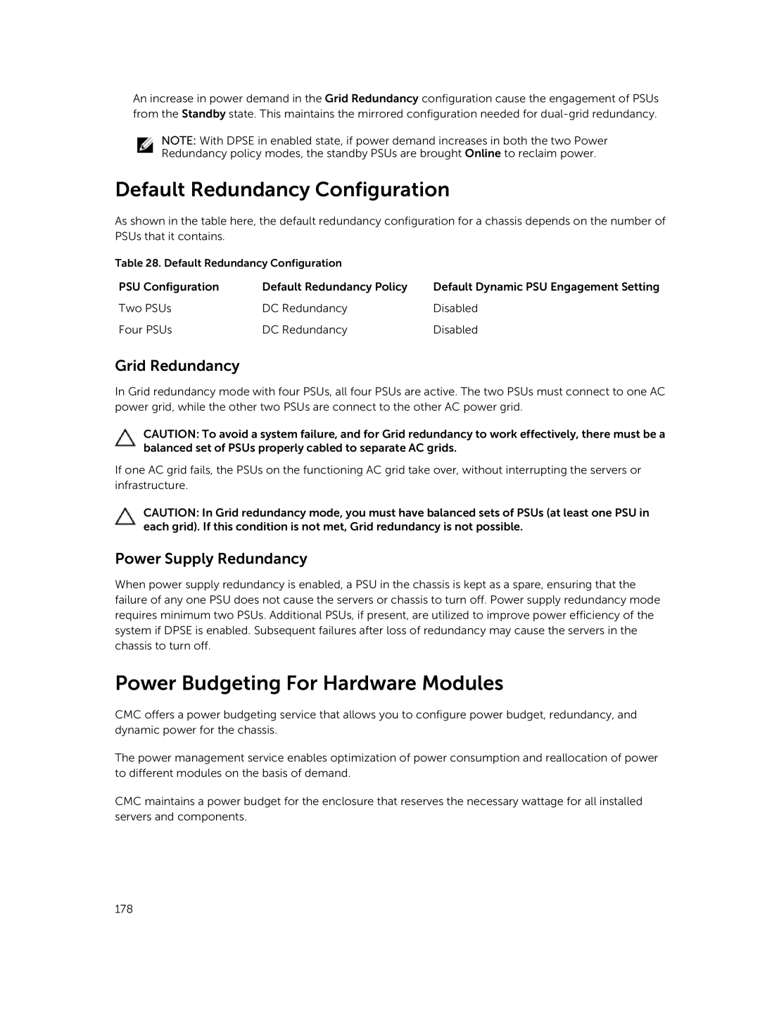 Dell 2 Default Redundancy Configuration, Power Budgeting For Hardware Modules, Grid Redundancy, Power Supply Redundancy 