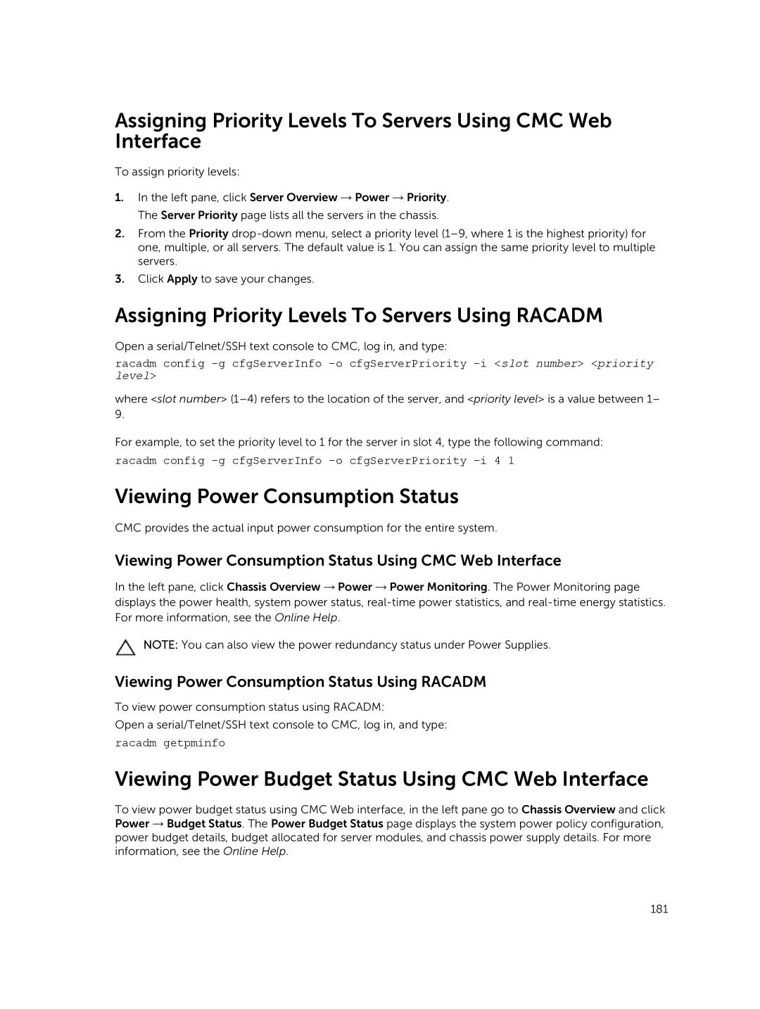 Dell 2 manual Assigning Priority Levels To Servers Using Racadm, Viewing Power Consumption Status 