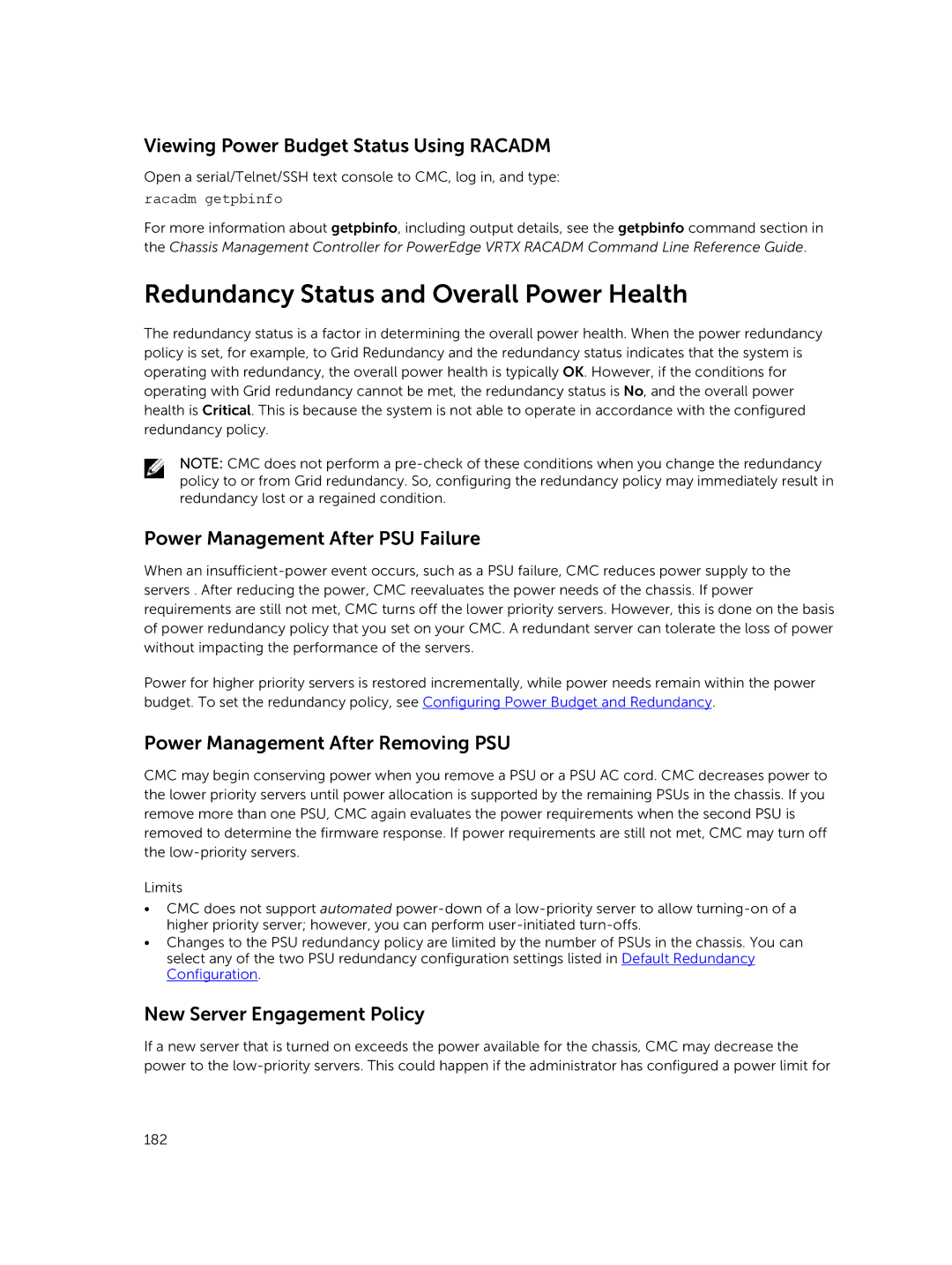 Dell 2 Redundancy Status and Overall Power Health, Viewing Power Budget Status Using Racadm, New Server Engagement Policy 